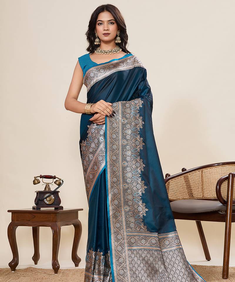 teal color satin silk blend fabric wevon jari designer ethnic partywear saree