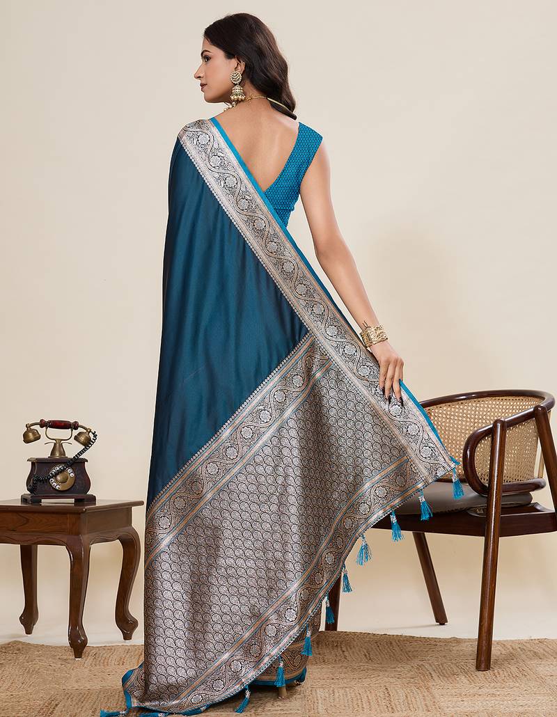 teal color satin silk blend fabric wevon jari designer ethnic partywear saree