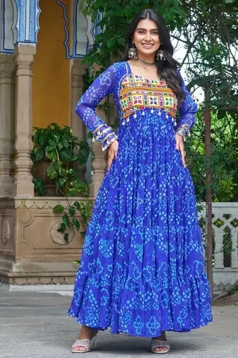 Blue Faux Georgette Kutchi Patchwork Semi Stitched Gown for Women | Traditional Festival Wear Gown
