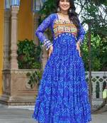 Blue Faux Georgette Kutchi Patchwork Semi Stitched Gown for Women | Traditional Festival Wear Gown