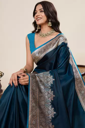 teal satin silk blend wevon zari ethnic partywear saree