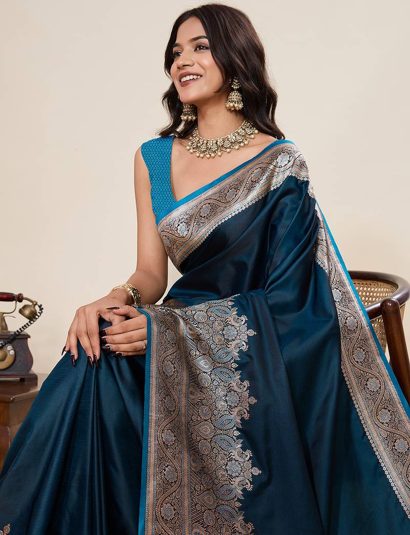 teal color satin silk blend fabric wevon jari designer ethnic partywear saree