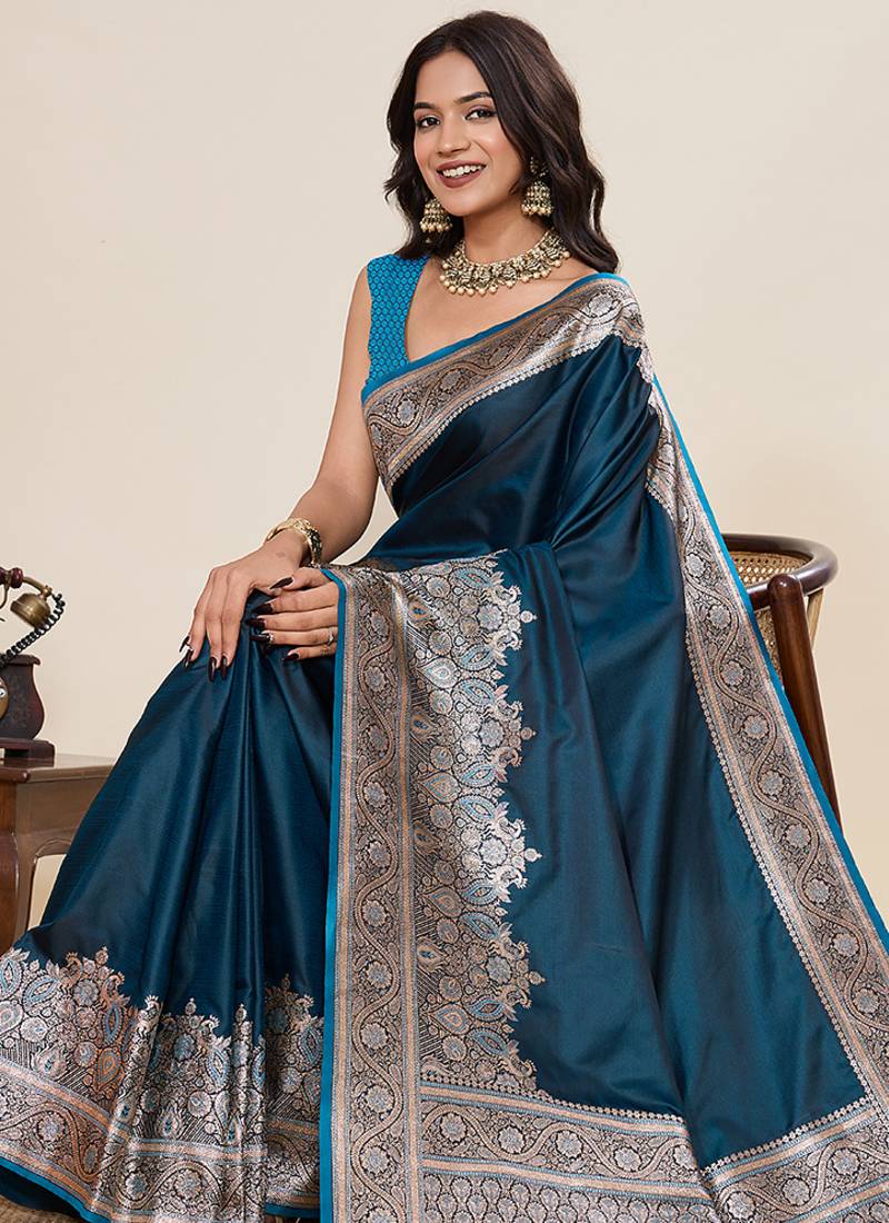 teal color satin silk blend fabric wevon jari designer ethnic partywear saree