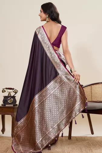 purple satin silk blend wevon zari ethnic partywear saree