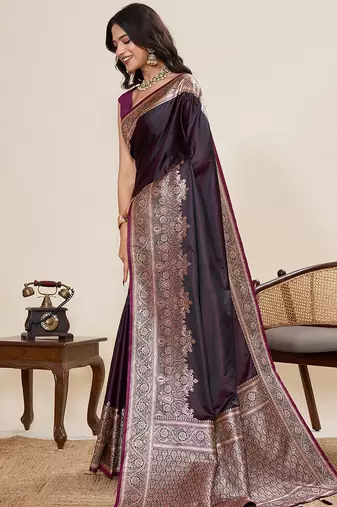 purple satin silk blend wevon zari ethnic partywear saree