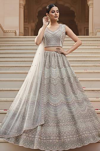 Delightful Off-white Handwork Crystal Pipe, Handwork Beads, Sequins and Dori Embroidered Net Lehenga Choli for wedding