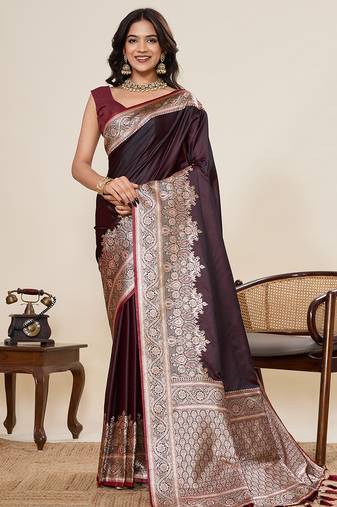 wine color satin silk blend fabric wevon jari designer ethnic partywear saree