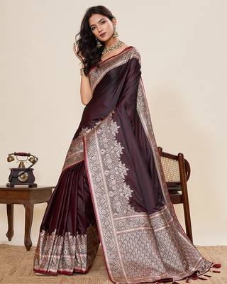 wine satin silk blend wevon zari ethnic partywear saree 4