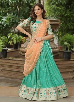 Pista Green silk blend Jacquard Meena Weaving Work Lehenga Choli With Dupatta 5