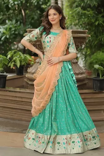 Pista Green Color silk blend Jacquard Meena Weaving Work Lehenga Choli With Dupatta