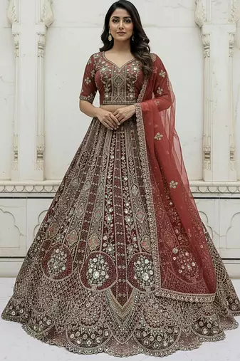 Bewitching Cinnamon Zari Zal, Multi thread, Dori, Metalic Sequins, Diamond work Orgenza designer lehenga choli