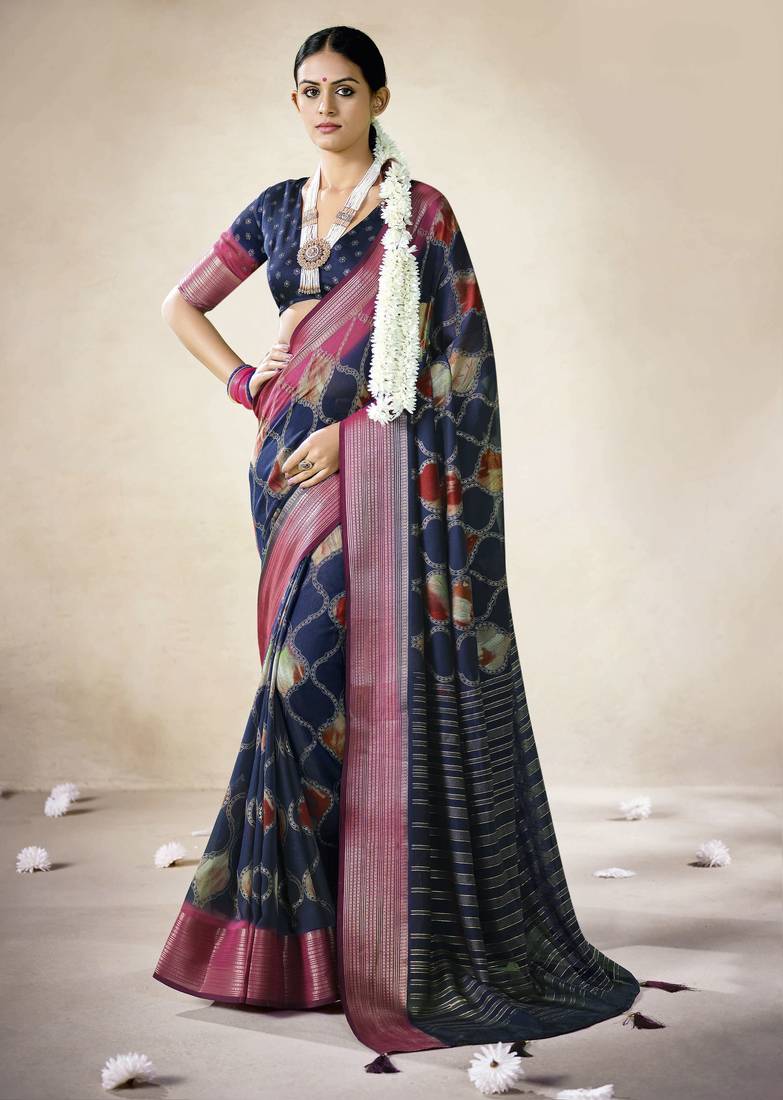 navy blue color beautiful girlie woven designer saree