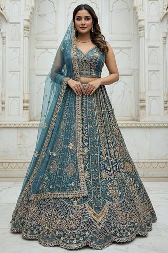 Fetching Firozi Zari Zal, Multi thread and Dori, Metalic Sequins, Diamond work Orgenza wedding lehenga for women