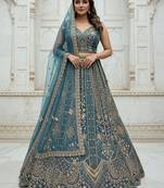 Fetching Firozi Zari Zal, Multi thread and Dori, Metalic Sequins, Diamond work Orgenza wedding lehenga for women