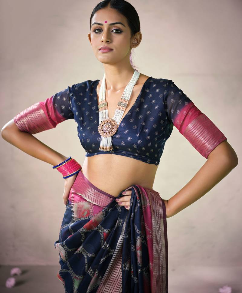 navy blue color beautiful girlie woven designer saree
