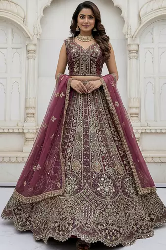 glamourous Purple Zari Zal, Multi thread, Dori, Metalic Sequins, Diamond work Orgenza wedding lehenga choli for festival