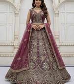 glamourous Purple Zari Zal, Multi thread, Dori, Metalic Sequins, Diamond work Orgenza wedding lehenga choli for festival