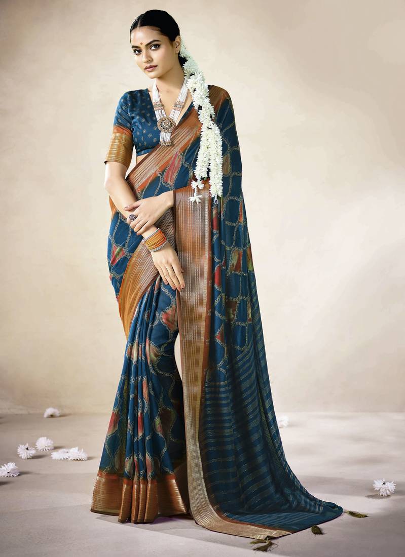 teal color beautiful girlie woven designer saree