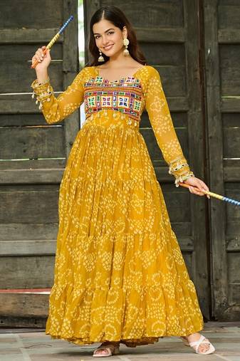 Yellow Faux Georgette Kutchi Patchwork Semi Stitched Gown for Women | Festive Traditional Gown