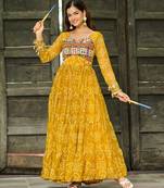 Yellow Faux Georgette Kutchi Patchwork Semi Stitched Gown for Women | Festive Traditional Gown