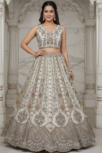 Glamorous White Zari Zal, Multi thread, Dori, Metalic Sequins, Diamond work Orgenza wedding lehengas for women
