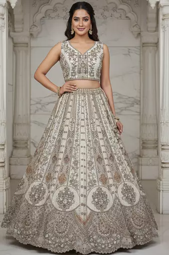Glamorous White Zari Zal, Multi thread, Dori, Metalic Sequins, Diamond work Orgenza wedding lehengas for women