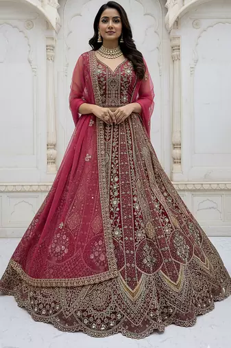 Graceful Pink sequins and Zari Zal, Multi thread and Dori work, Metalic Sequins, Diamond work Orgenza lehenga choli