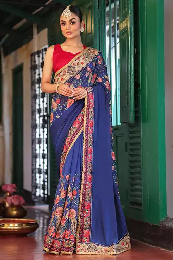 blue color designer chiffon fabric saree for ceremonial looks