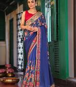 blue color designer chiffon fabric saree for ceremonial looks
