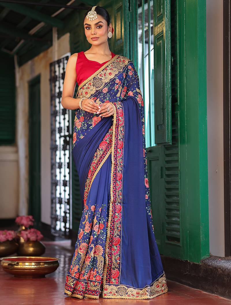 blue color designer chiffon fabric saree for ceremonial looks