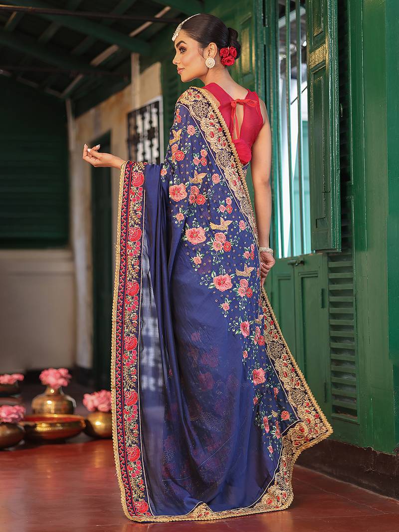 blue color designer chiffon fabric saree for ceremonial looks