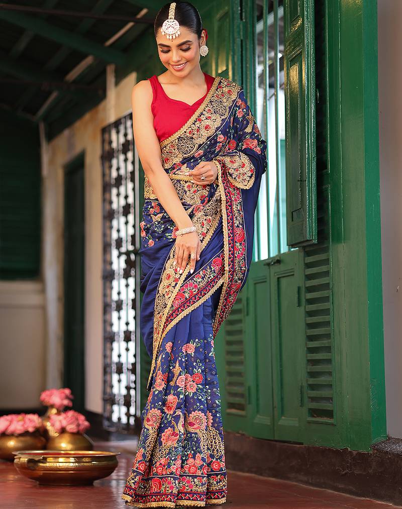 blue color designer chiffon fabric saree for ceremonial looks