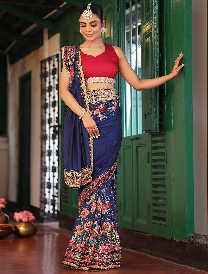 blue color designer chiffon fabric saree for ceremonial looks