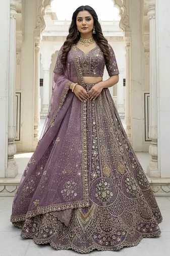 Charming Onion Zari Zal, Multi thread, Dori, Metalic Sequins, Diamond work Orgenza wedding wear lehenga choli