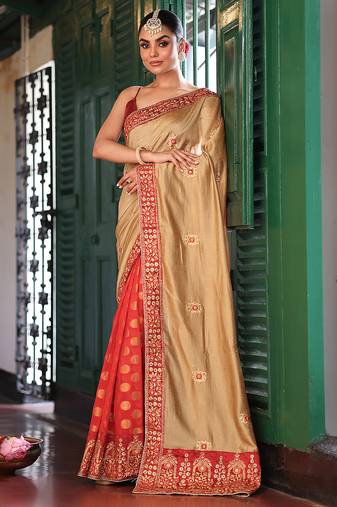 chiku color designer satin fabric saree for ceremonial looks