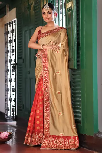 chiku color designer satin fabric saree for ceremonial looks