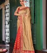 chiku color designer satin fabric saree for ceremonial looks