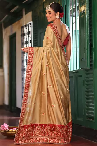 chiku satin saree ceremonial looks