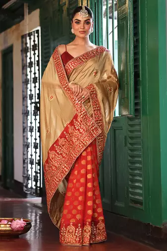 chiku satin saree ceremonial looks