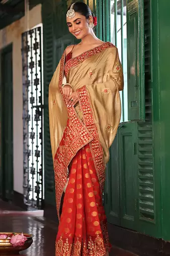chiku satin saree ceremonial looks