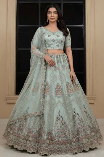 Colorful Sky Dori work, Multi thread and sequins, Chapat zari work, Diamond work Heavy Net bridal wear lehenga choli