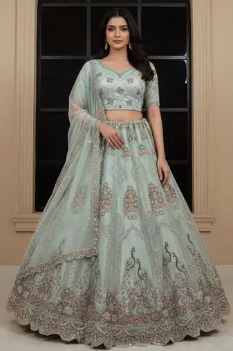 Colorful Sky Dori work, Multi thread and sequins, Chapat zari work, Diamond work Heavy Net bridal wear lehenga choli