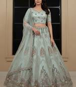 Colorful Sky Dori work, Multi thread and sequins, Chapat zari work, Diamond work Heavy Net bridal wear lehenga choli