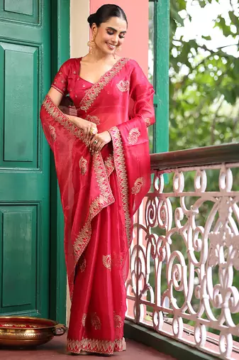 red chiffon saree ceremonial looks