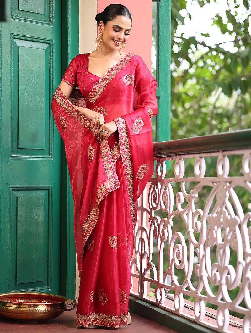 red color designer chiffon fabric saree for ceremonial looks