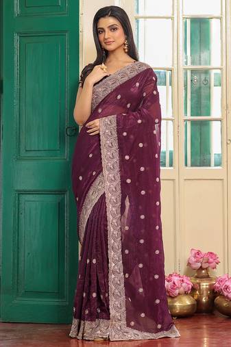 wine color designer chiffon fabric saree for ceremonial looks