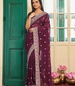 wine color designer chiffon fabric saree for ceremonial looks