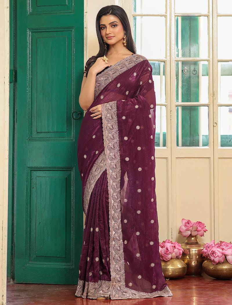 wine color designer chiffon fabric saree for ceremonial looks