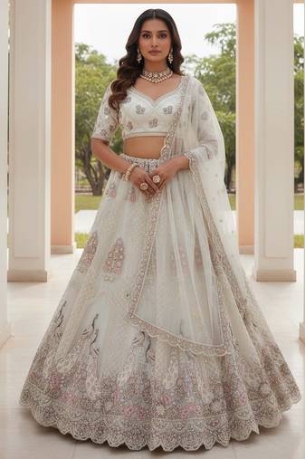 Comely White Dori work, Multi thread and sequins, Chapat zari work, Diamond work Heavy Net Lehenga Choli