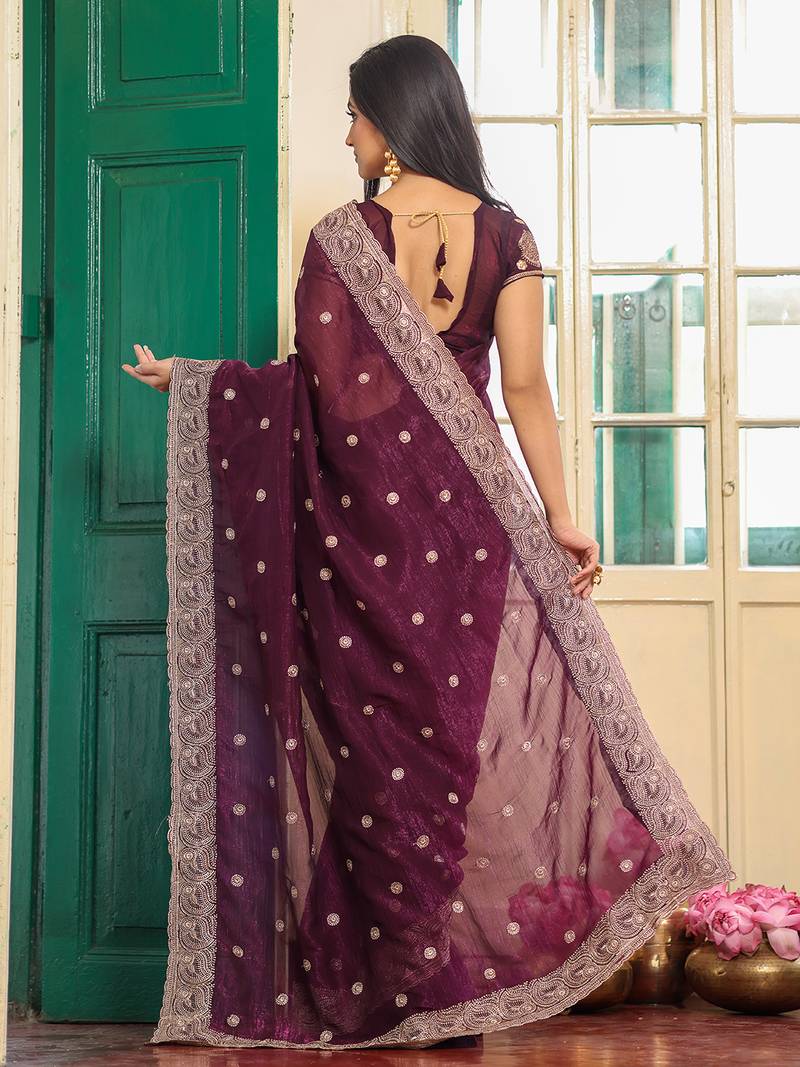 wine color designer chiffon fabric saree for ceremonial looks